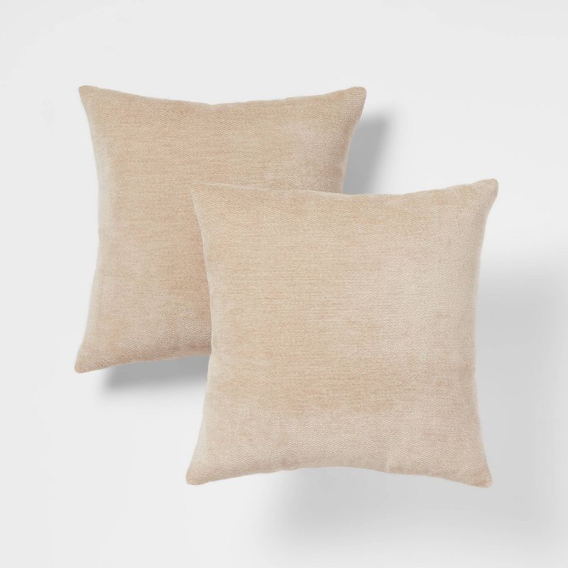 Set of 2 Beige Chenille Square Throw Pillows