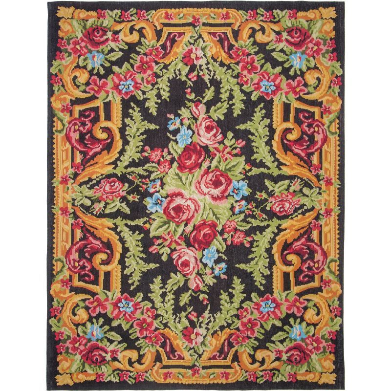 Classic Vintage Black and Rose Floral 6' x 9' Cotton Area Rug