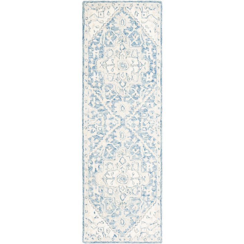 Handmade Blue and Ivory Tufted Wool Runner Rug 27" x 7'
