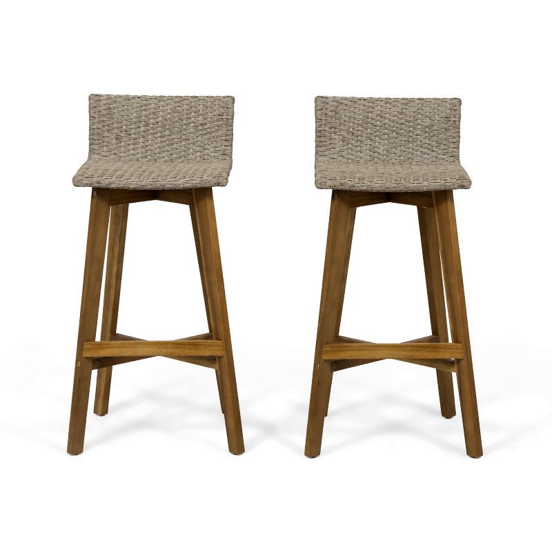 La Brea Acacia Wood and Wicker Patio Barstools, Set of 2, Light Brown