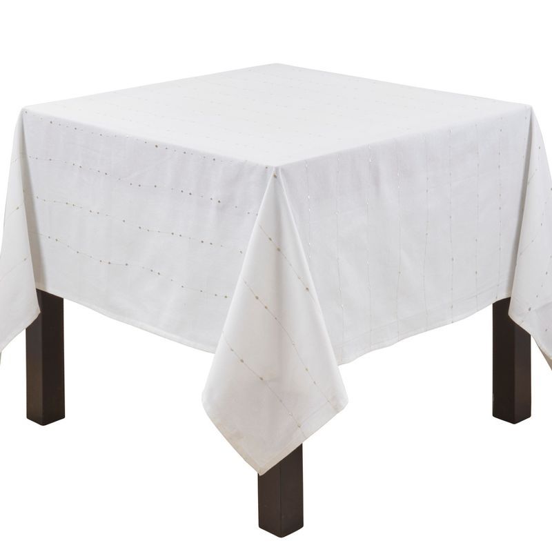 White Cotton Tablecloth with Silver Embroidered Design, 72 x 72