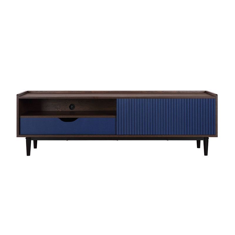 Duane Dark Brown and Navy Blue Ribbed TV Stand with Cabinet