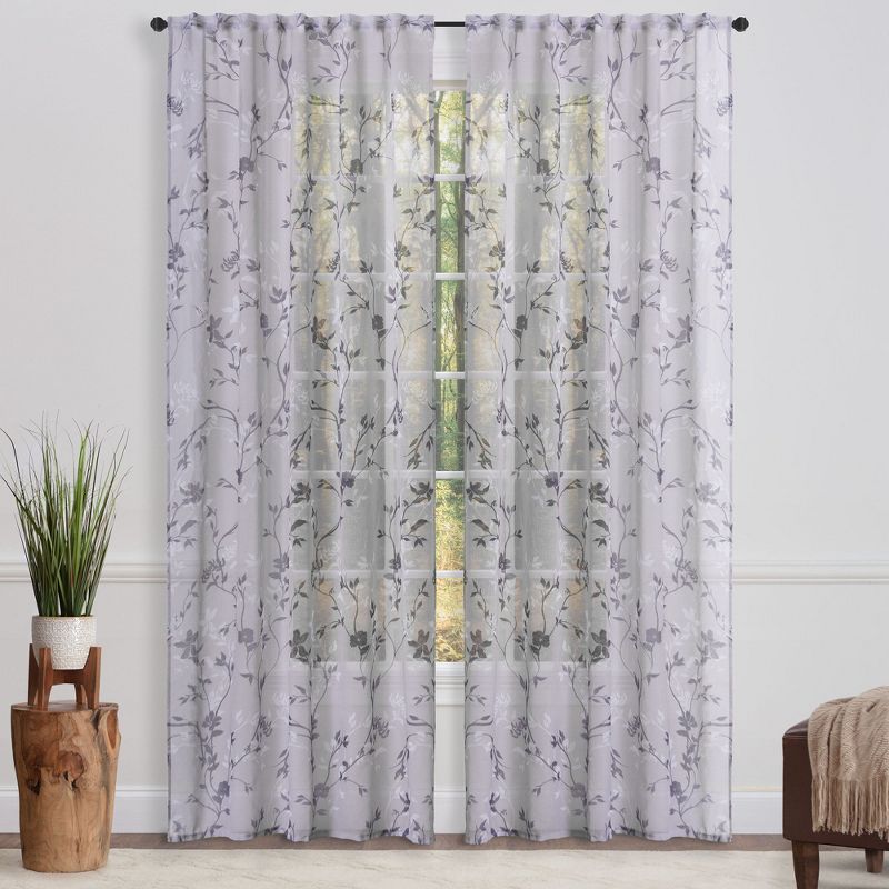 Purple Navy Floral Sheer Polyester Window Curtain Panels 52 x 63 Inches