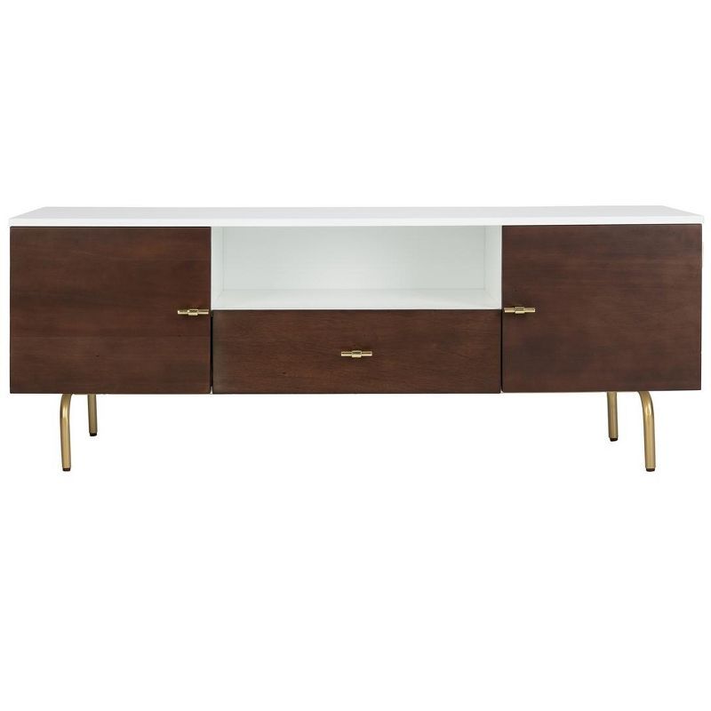 Genevieve 54" White and Walnut TV Stand with Gold Legs