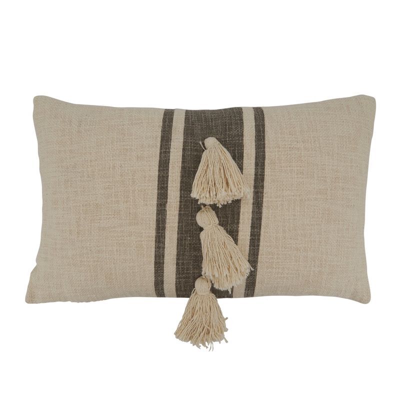 Beige and Gray Striped Tassel Throw Pillow