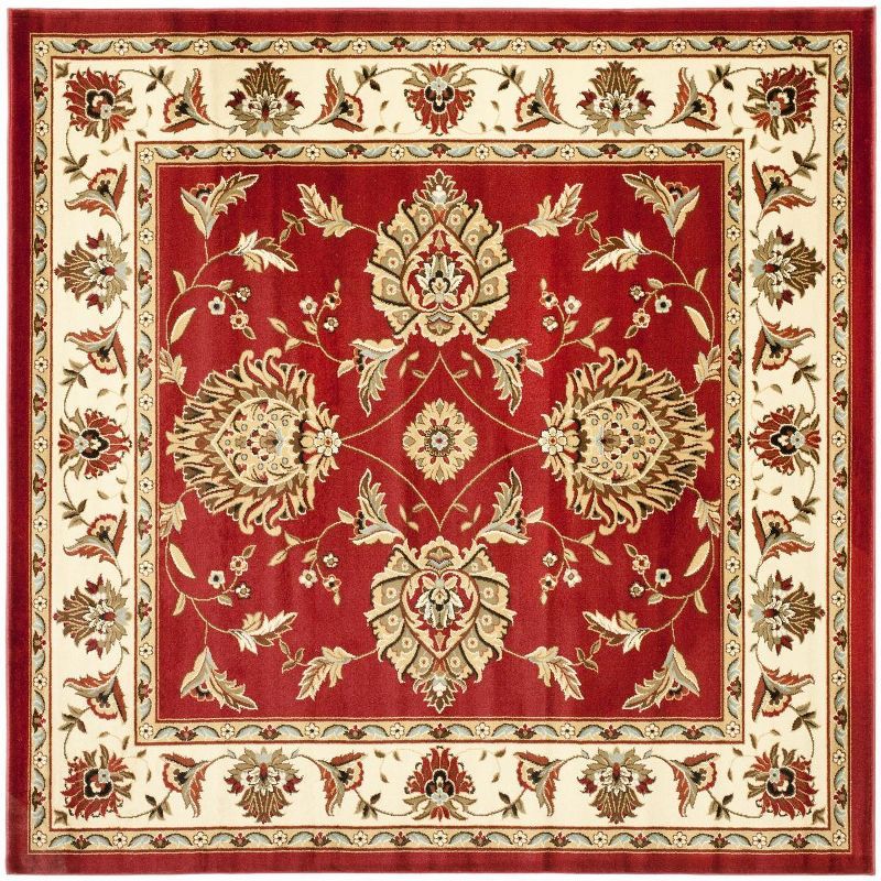 Red and Ivory Safavid Style Synthetic Area Rug, 6'7" Square