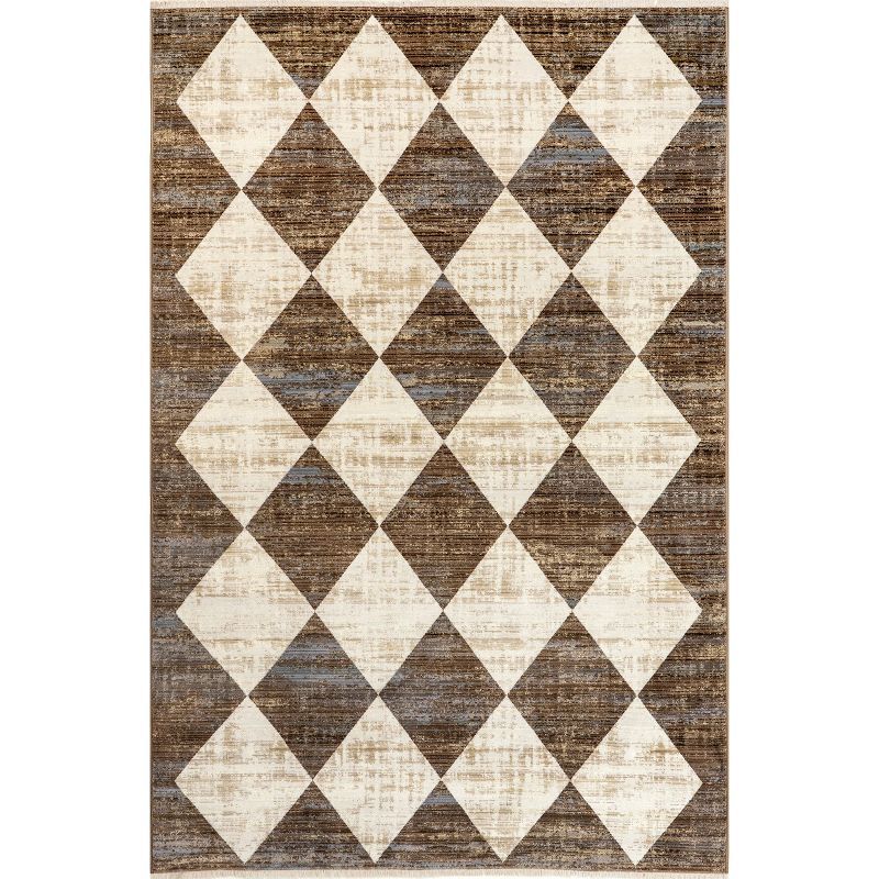 Meline Beige and Brown Checkered Rectangular Area Rug