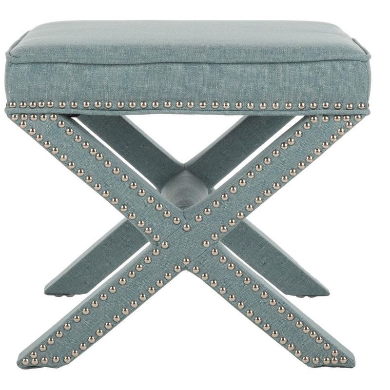 Sky Blue Upholstered Ottoman with Nailhead Trim