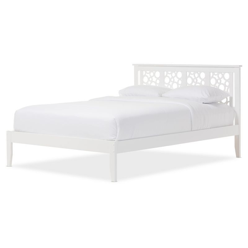 Celine Geometric White Solid Rubberwood Queen Platform Bed with Airy Headboard