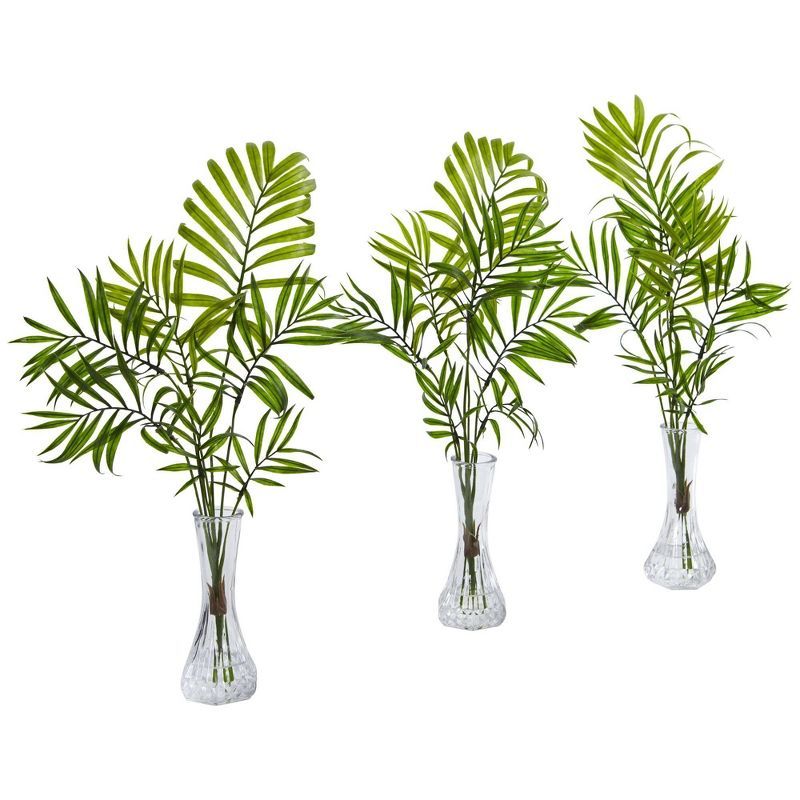 17.25" Green Plastic Mini Palm Arrangement in Glass Vase Set