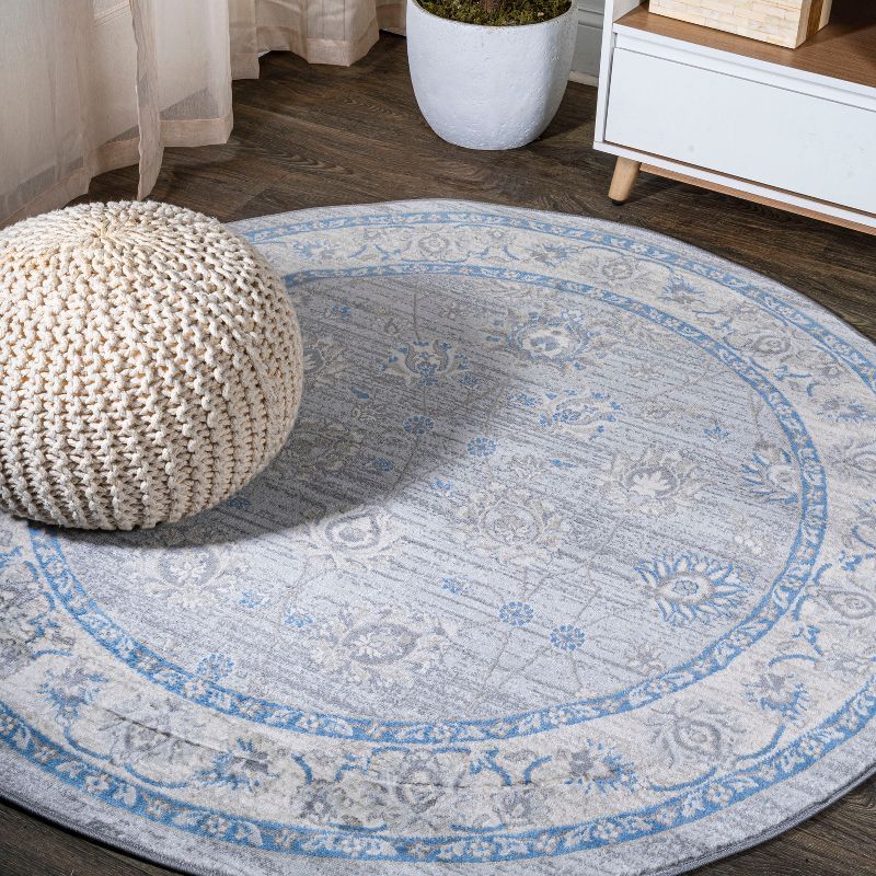 Elegant Gray/Blue Floral Synthetic Round Rug, 6' Diameter