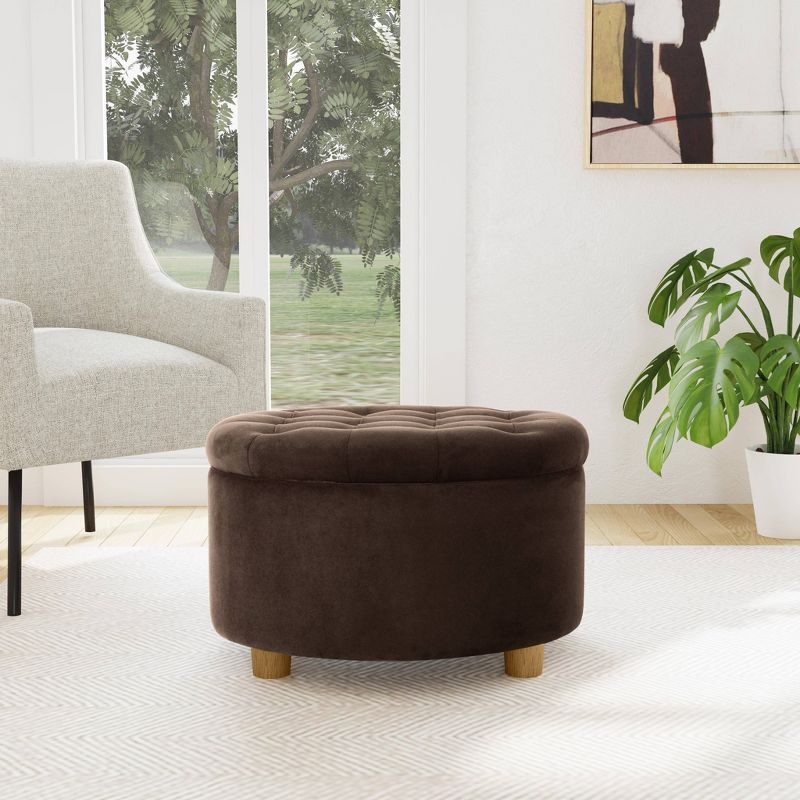 Chocolate Brown Velvet Round Tufted Storage Ottoman with Honey Oak Legs