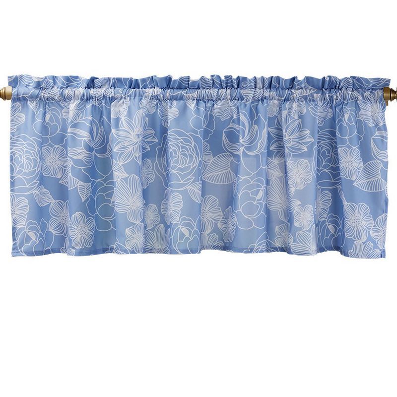 Blue Floral Semi-Sheer Polyester Bathroom Valance