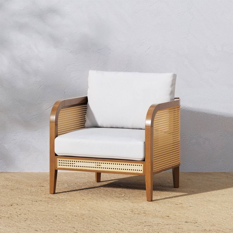 Twila Bohemian White Cushioned Patio Chair with Acacia Wood Frame