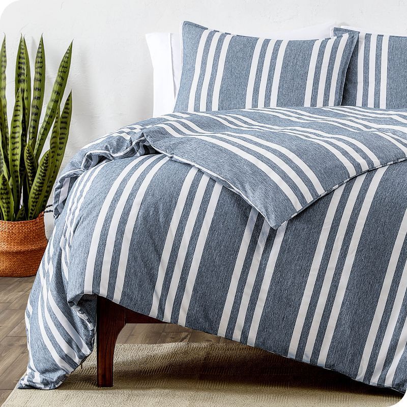 Queen Heathered Midnight Blue Striped Microfiber Duvet Cover Set