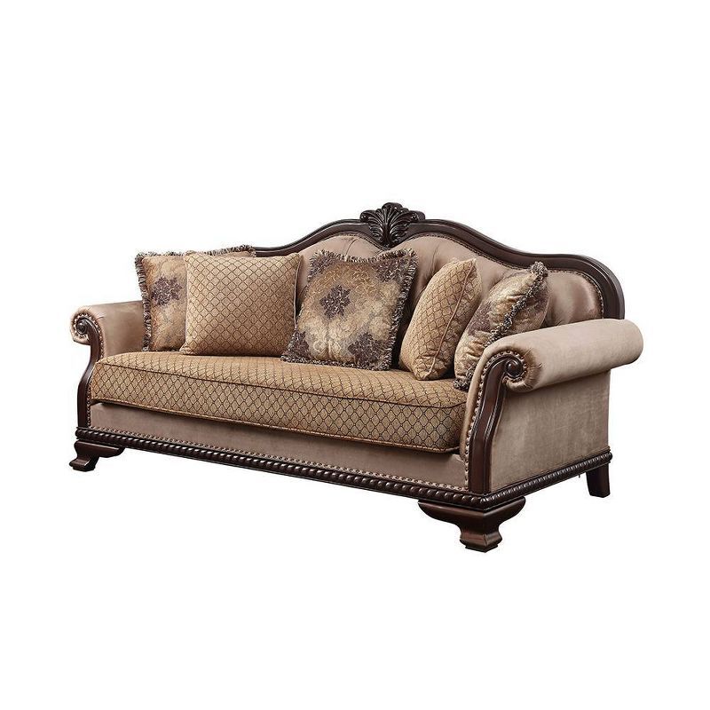 89" Beige Tufted Fabric Sofa with Nailhead Trim and Wood Carving