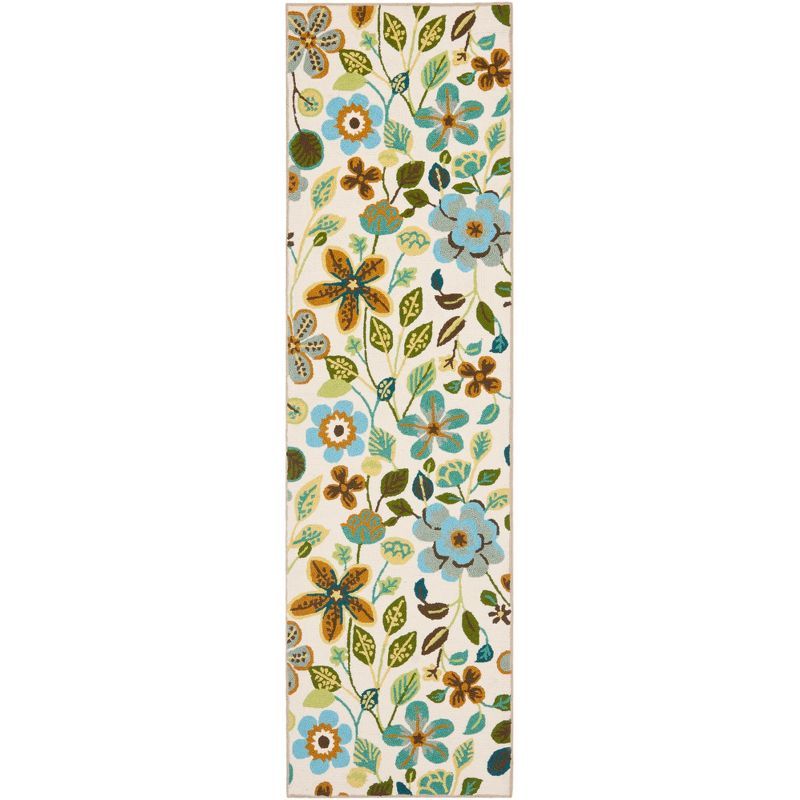 Ivory Floral Hand-Hooked Synthetic Runner Rug