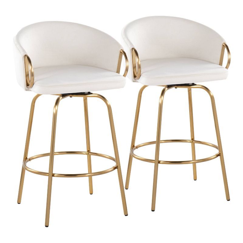 Claire 26'' White Velvet and Gold Metal Swivel Counter Stool Set