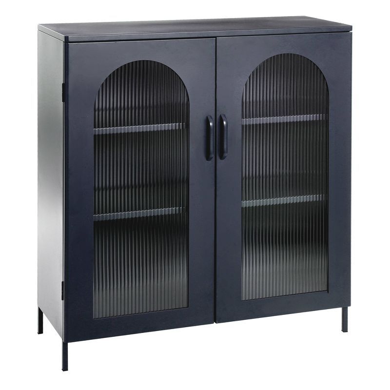 Solstice 40" Black Metal Accent Cabinet with Striated Glass Doors