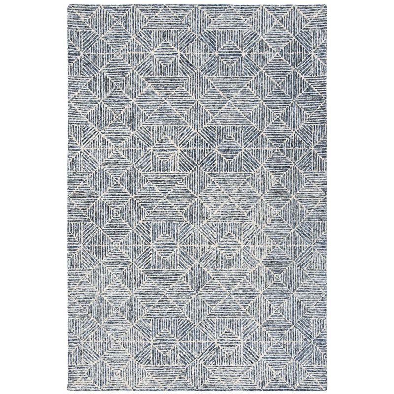 Blue and Ivory Geometric Hand-Tufted Wool Area Rug, 3' x 5'