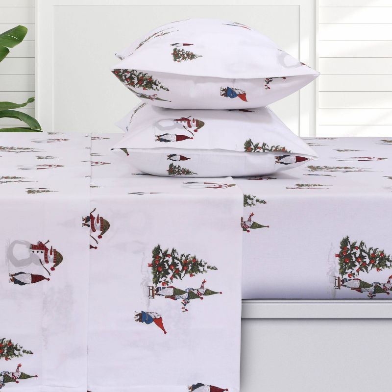 California King White Cotton Flannel Gnome Print Sheet Set