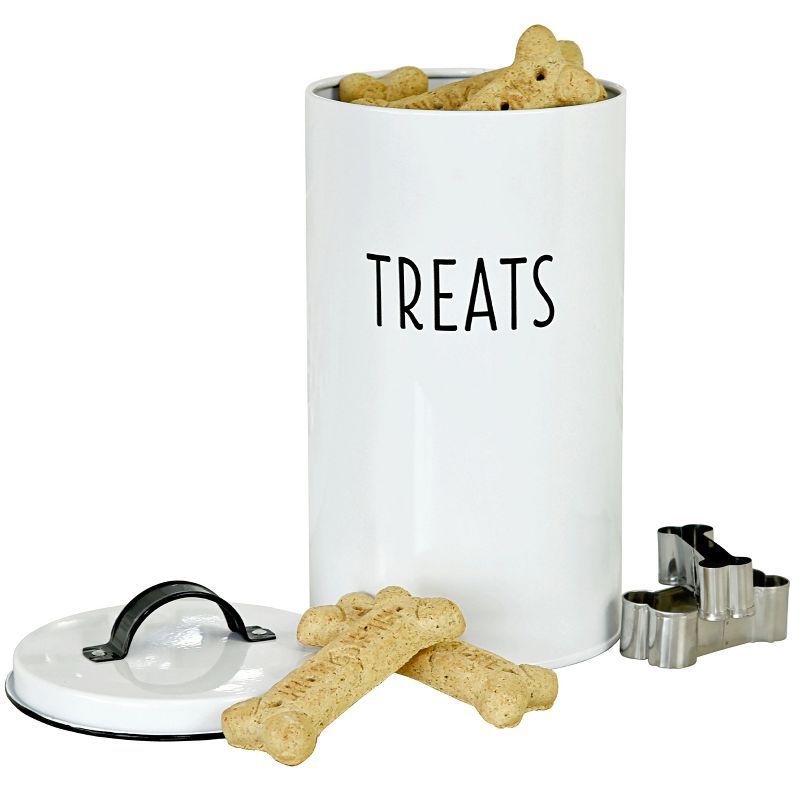 White Metal Farmhouse Pet Treat Container with Lid and Cookie Cutters