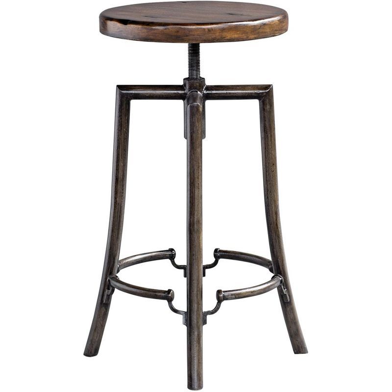 Adjustable Swivel Industrial Brown Wood and Metal Bar Stool