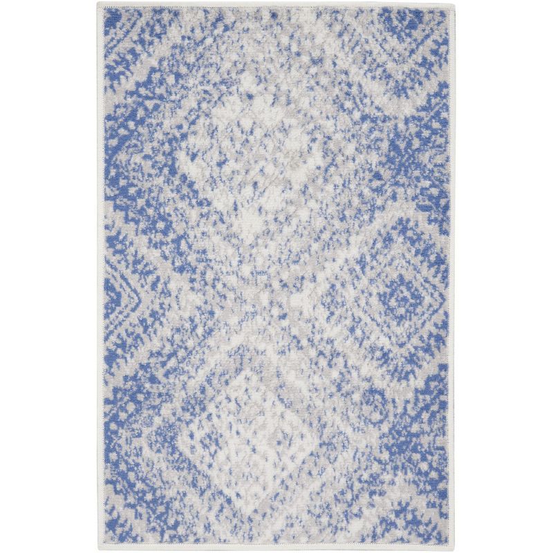 Bohemian Ivory Blue Geometric 2' x 3' Easy-Care Area Rug