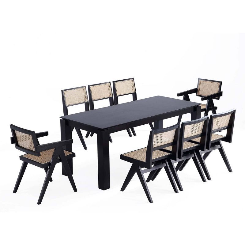 Ash Wood Black Rectangular Dining Set with Cane Chairs