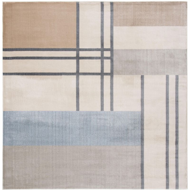 Ivory and Taupe Abstract Square Synthetic Rug 3' x 3'