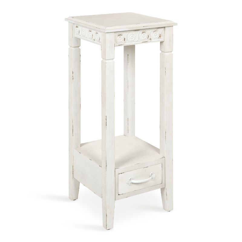 Soft White Farmhouse Wood Accent Table with Metal Skirt