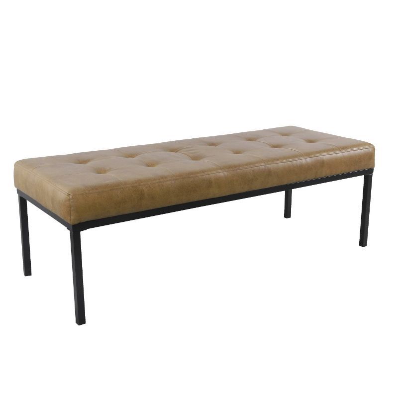 Light Brown Vegan Leather Tufted Metal Bench