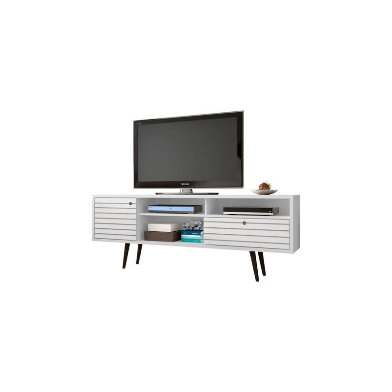 White Mid-Century Modern TV Stand with Cabinet and Drawer