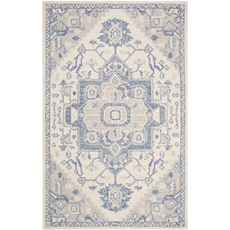 Ivory and Blue Handmade Wool Round Tufted Rug