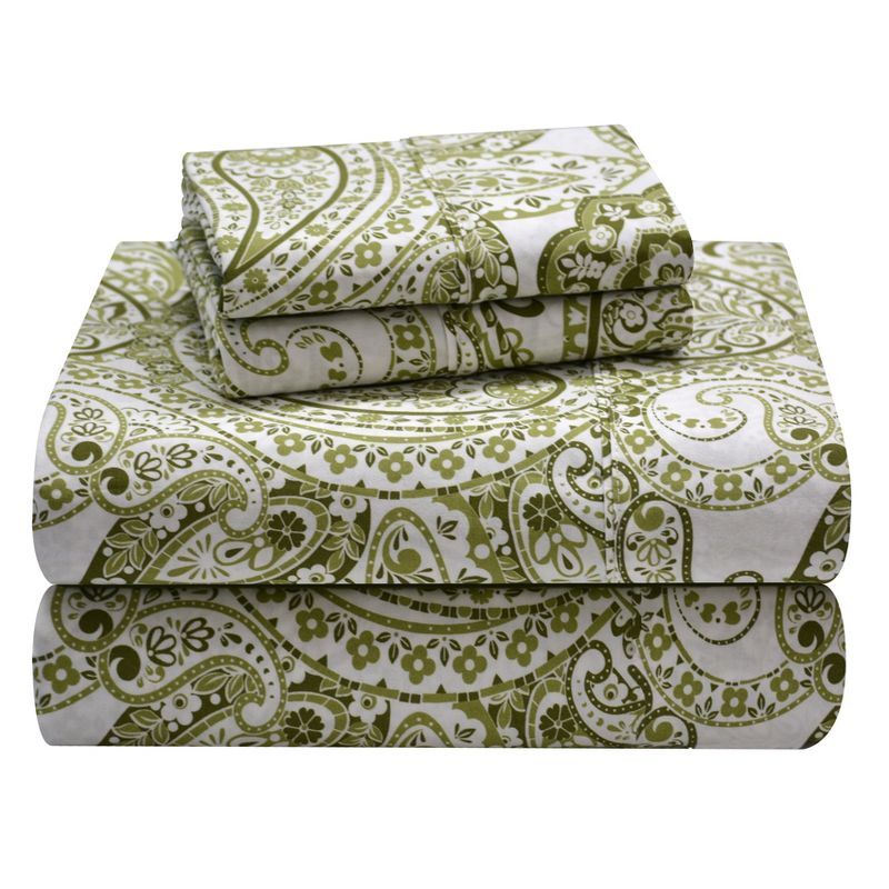 Twin XL Green Cotton Percale Paisley Sheet Set