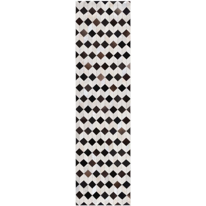 Handmade Black and Beige Geometric Wool Cowhide Runner Rug