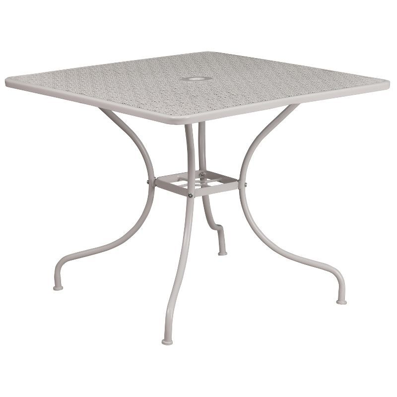 35.5" Light Gray Steel Square Indoor-Outdoor Dining Table with Umbrella Hole