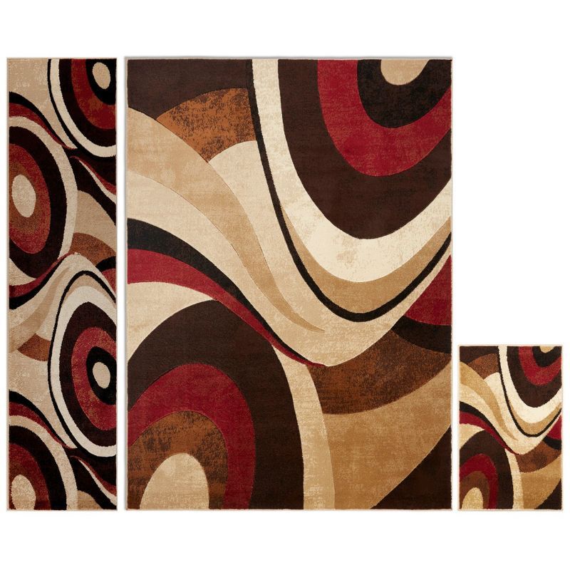 Tribeca Brown and Red Abstract 3-Piece Area Rug Set