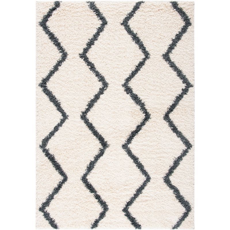 Ivory and Dark Grey Rectangular Synthetic Shag Rug 5'3"x7'6"