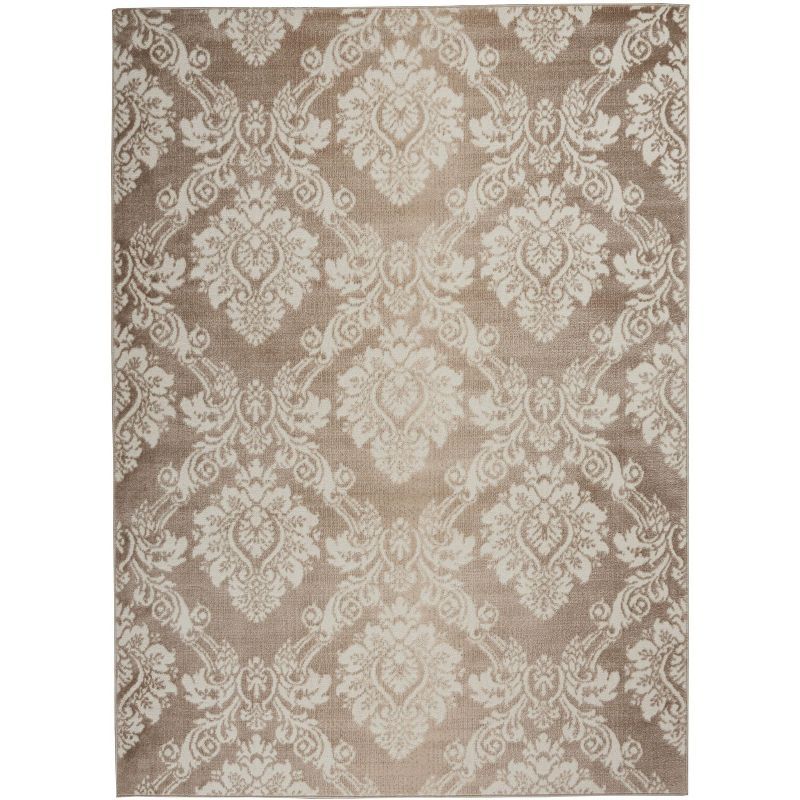 Ivory Mocha Floral Elegance 5' x 7' Easy-Care Synthetic Area Rug