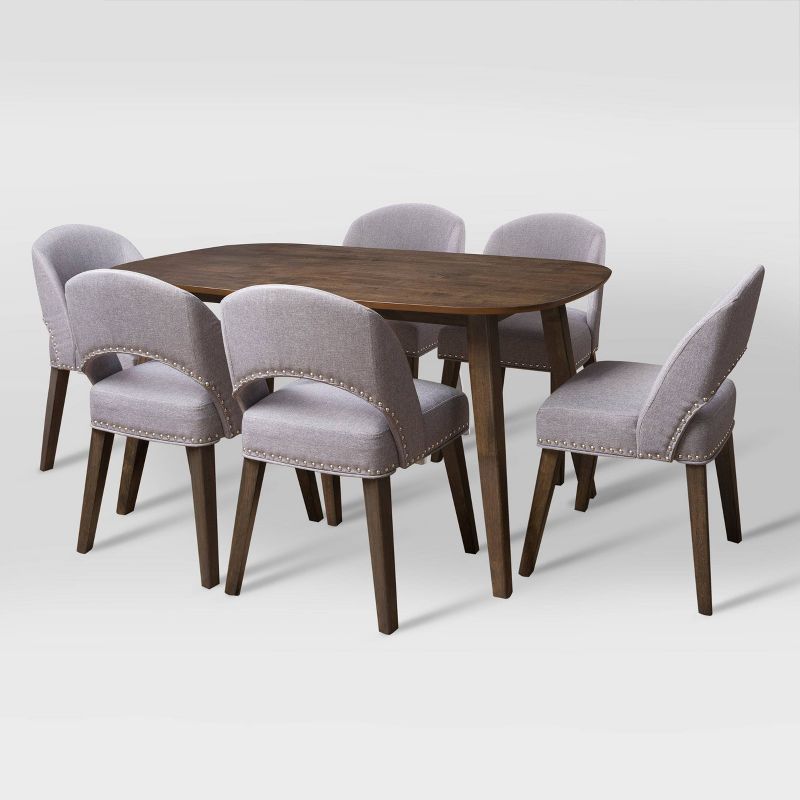 Espresso Stained 7-Piece Mid-Century Modern Dining Set with Pewter Gray Chairs