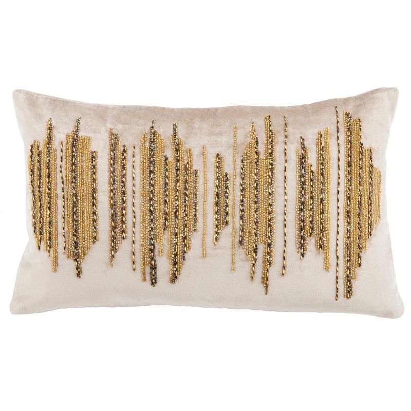 Beige and Gold 12" x 20" Embellished Pillow