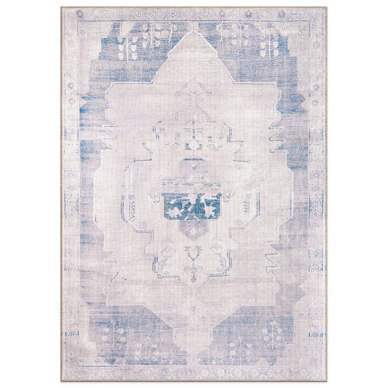 Blue and Cream Vintage Medallion Washable Area Rug