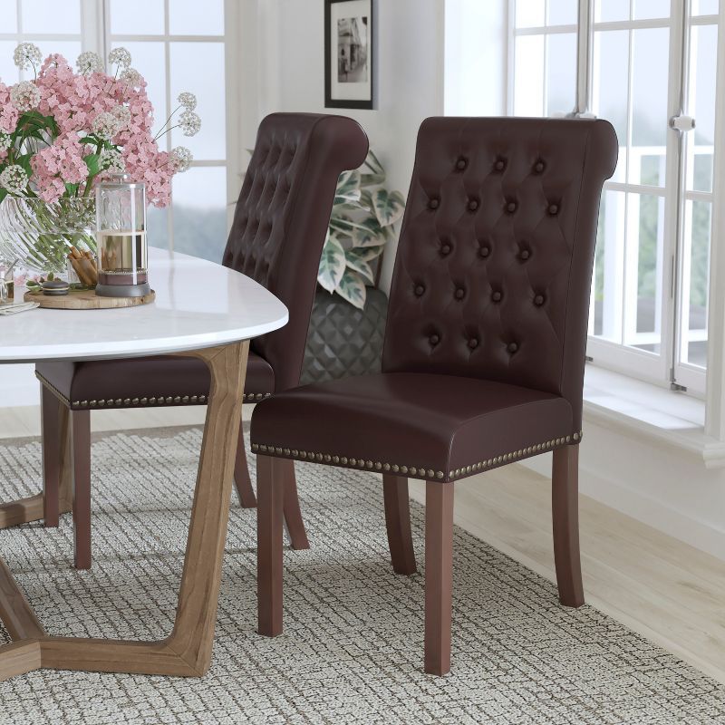 Brown Leather Parsons Side Chair with Walnut Finish