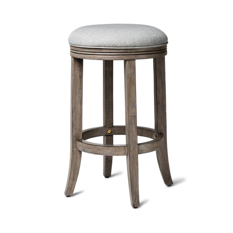 26" Gray Upholstered Backless Swivel Counter Stool in Reclaimed Oak