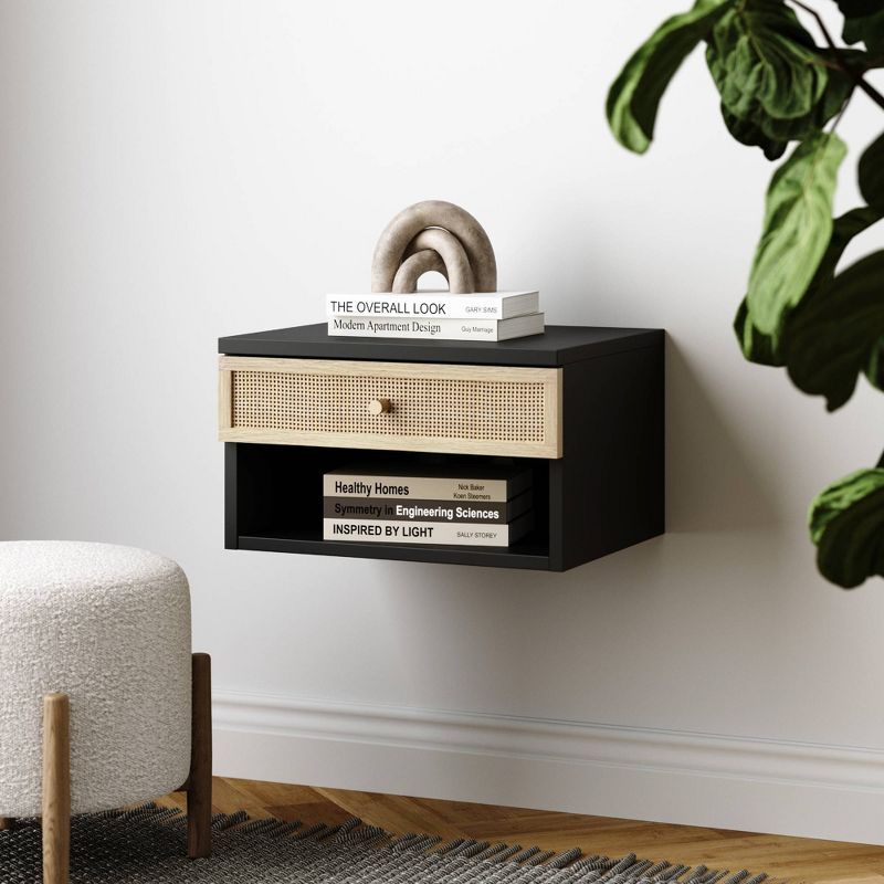 Black and Rattan Floating Nightstand with Storage Drawer and Cubby