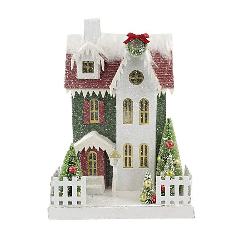 Christmas Traditional Tall House with Red Roof and Green Wreath