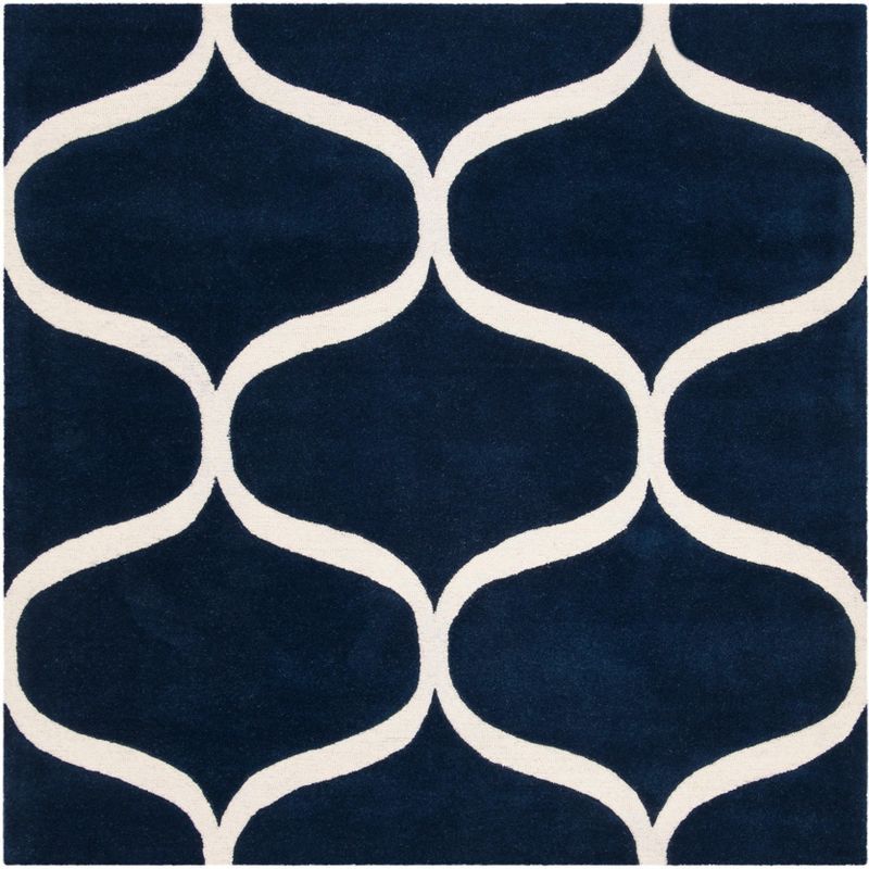 Ivory and Dark Blue Hand-Tufted Wool Square Rug