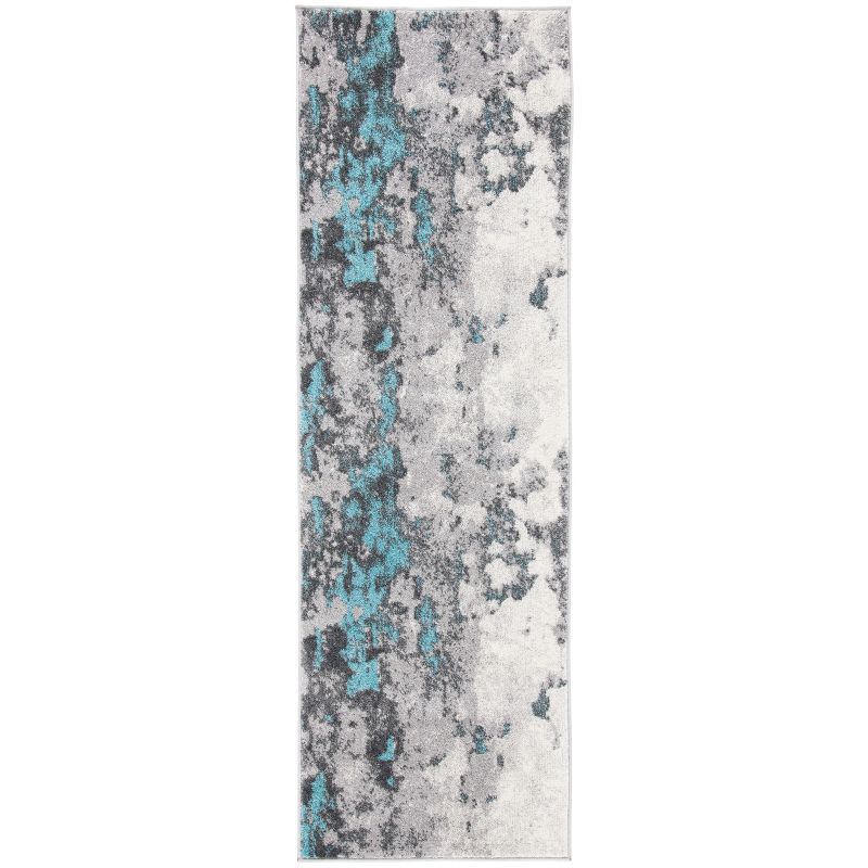 Turquoise and Gray Abstract Synthetic Runner Rug