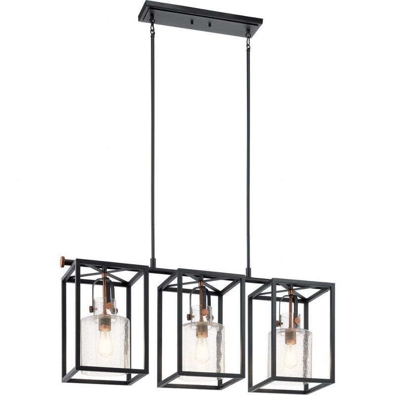 Black Steel Cage 3-Light Linear Chandelier with Clear Seeded Glass